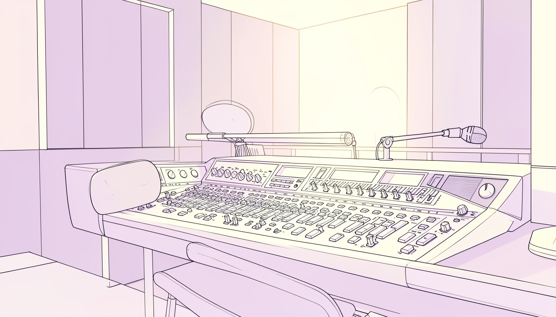 A warm, softly lit radio studio with a microphone and mixing console, bathed in gentle lavender and cream tones, evoking a calm and welcoming atmosphere.