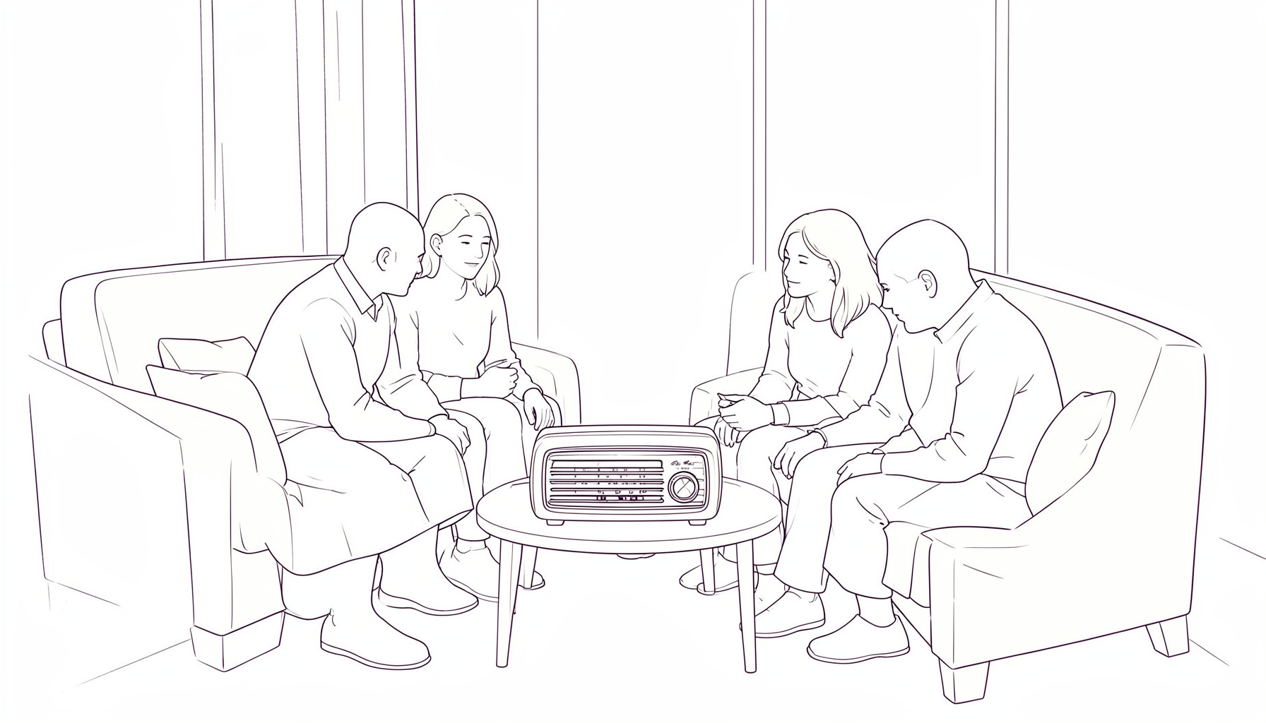 A simple line drawing of a family gathered around a vintage tabletop radio in a cozy living room, with soft lavender and warm cream tones.